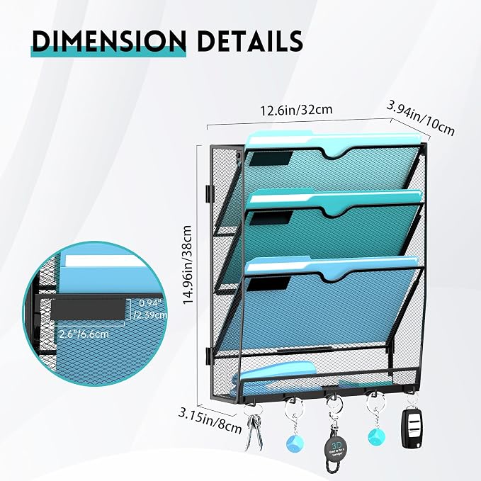 Wall File Organizer - Hanging File Organizer with 5 Hooks, Mail Holder Wall Mounted for Papers, Folders, Magazines, Bills, 4 Tier Office&School Organization, Black
