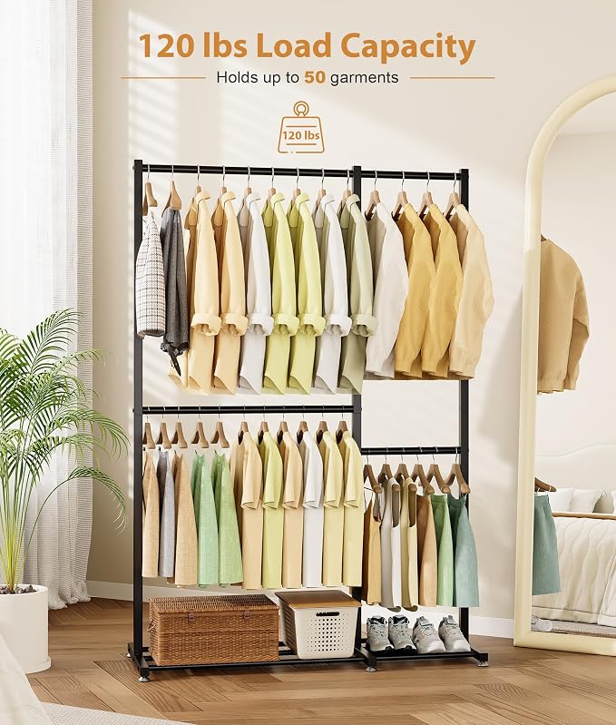Clothes Rack, Clothing Racks for Hanging Clothes with 4 Hanging Sections, Double Rod Garment Rack with Storage Shelves for Bedroom Living Room 47.2" x 17.7" x 69.9", Black