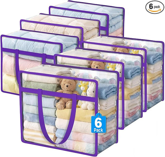 6 Pack Clear Storage Bags for Clothes, 40L Closet Organizers and Storage | Plastic storage with zipper and handle, moving bags, under-bed storage, closet organizer for blankets, comforters, toys