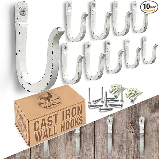Rustic Antique White Railroad Spike Cast Iron Hooks (10 Pack) Handmade Blacksmith, Wall Mounted Decorative Hooks, PowderCoated for Interior or Exterior Use, Rust Proof for Hanging Coats, Bags or Pots