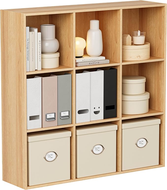 VDNEND Wooden Storage Organizer with Closed Back Panel, 11in Cube Shelf Opening, Bookshelf, Display Shelf,Closet Cabinet for Home and Office (Natural Oak, 9-Cube 35.98L*9.45W*35.91H)
