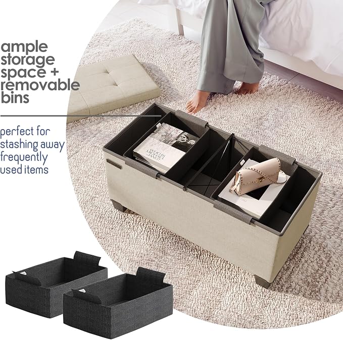 Storage Ottoman Bench with Bins, 30-in Storage Bench for Bedroom End of Bed, Folding Foot Rest Ottoman for Living Room Max 660lbs, Fabric Ottomans, Beige