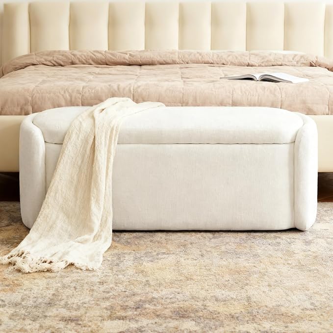 VKNOW Storage Bench, Upholstered Storage Ottoman Bench with Hinge, Cream | Ottoman Bench with Large Capacity, Curved Frame, Soft Fabric, Storage Bench for Bedroom, Living Room, Entryway, Window