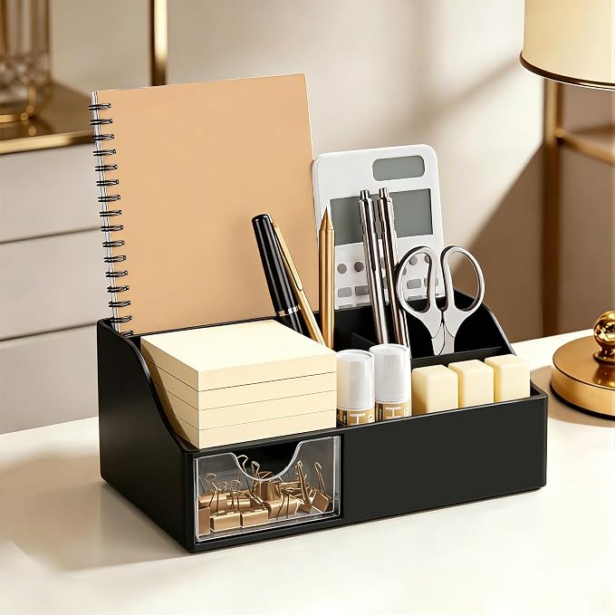 HBlife Acrylic Desk Organizer with Drawer, Pen & Pencil Holder, Multifunctional Desktop Caddy for Office Supply and Organization