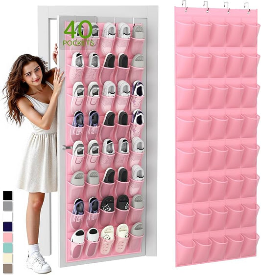 Over the Door Shoe Organizer with 40 Large Breathable Mesh Pockets, Space Saving Shoe Holder, Hanging Shoe Rack for Entryway Bedroom Closet Storage (Pink, 40 Pockets)