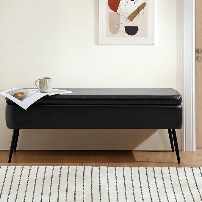 kinmars Leather Storage Ottoman Bench, End of Bed Bench with Steel Legs | Black Leather Smooth Upholstery Design | 660 lb Capacity | Safety Hinges |Mid-Century Modern Style | Bedroom & Entryway