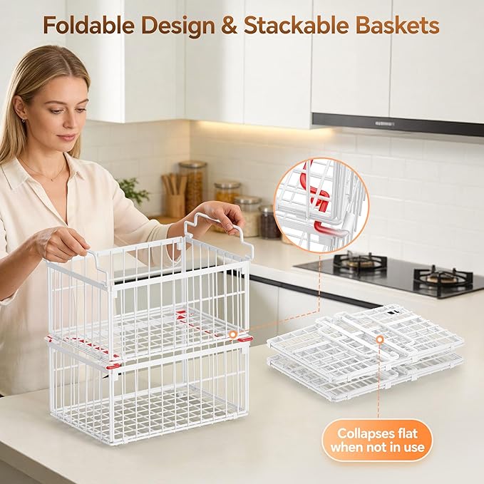 Freezer Organizer Bins, 3 Pack Enlarged Baskets for 5-9 Cu.FT Deep Freezer | Stackable Chest Freezer Organizer Bins, Foldable with Handles, White Storage Container Baskets for Sort Frozen Meats