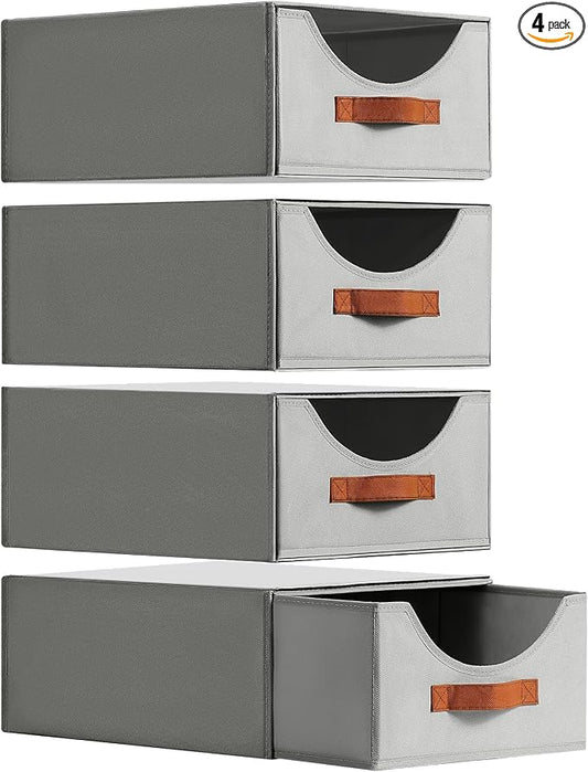 Homsorout Large Closet Organizers - Closet Storage Drawers for Clothes, Fabric Sotrage Bins with Handle, Collapsible Organizer Bins for Bedroom, Living Room, 4 Pack, Gray