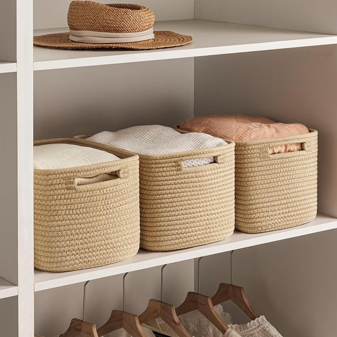 4 Pack Storage Baskets for Organizing, Woven Baskets for Shelves, Brown | 13"Lx9"Wx7.5"H, Woven Basket, Cotton Rope Basket, Toy Storage, Cube Shelf, Gift Baskets Empty, Home Decor