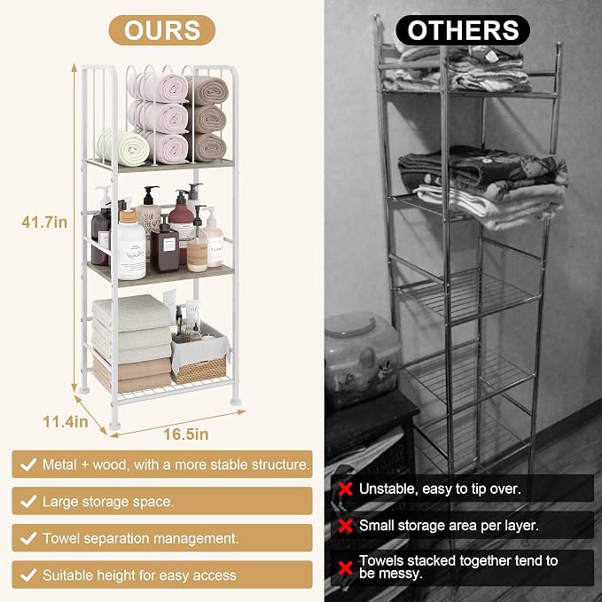 3-Tier Freestanding Towel Racks for Bathroom, White Towel Rack Stand | Detachable M-shaped Dividers for Bath Towel Storage Premium Iron & Wood Holder Crafted for Bathroom Organization