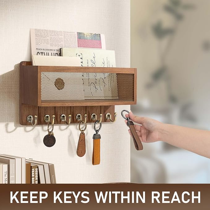 Rebee Vision Key Holder Wall Mount with Mesh Basket for Home, Golden Hook | Key Holder for Wall, 6 Sturdy Hooks, Mail Organizer, Kitchen Organization, Space-Saving Wooden Design, Functional Home Decor