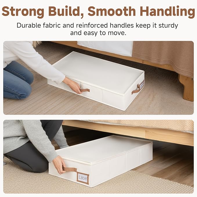 StorageWorks Underbed Storage Containers with Lids, 2-Pack 6" Low Profile Under Bed Organizers for Clothes, Bedding and Sweaters, 53L Large Fabric Storage Bins, Foldable Space Saving, Beige