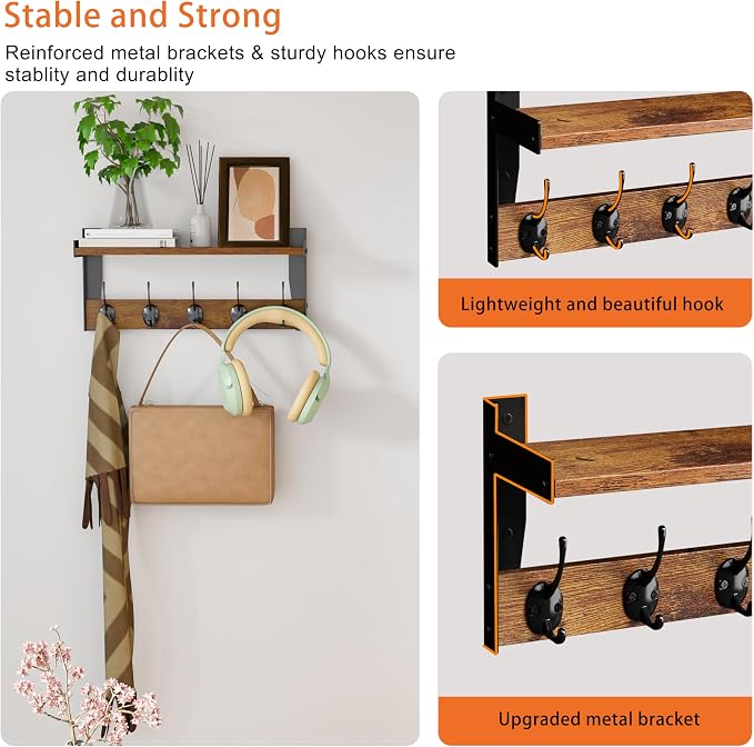 Wall Hooks with Shelf, Wood Coat Rack with Shelf Wall-Mounted, Entryway Hanging Shelves with 5 Metal Hooks for Clothes Hats Towel Purse Robes, Bathroom Mudroom Bedroom, Rustic Brown