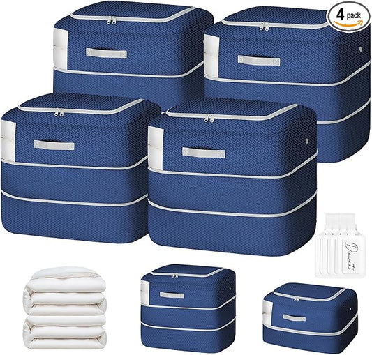 Comforter Storage Bag - 110L Large Capacity Blanket Storage Bags Ultra Space Saving Self Compression Organizer, Washable Compression Bags for Storage Comforter Blanket, 4-Pack, Navy Blue