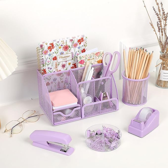 SKYDUE Purple Office Supplies, Purple Desk Organizer for Kids, Mesh Desk Organizer, Stapler, Tape Dispenser, Scissors, Binder/Paper Clips and 1000pcs Staples, Girls Desk Accessories