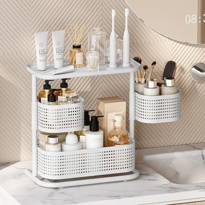 KINGRACK Metal Bathroom Counter Organizer，Rotating Countertop Storage Shelf | 3 Tier, Vanity Tray for Makeup & Skincare, Space-Saving Shelf for Bathroom, Kitchen, Baby Bottle Station, White