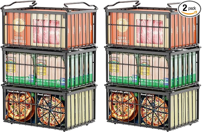 Freezer Organizer Bins, 6 Pack Enlarged Baskets for 5-9 Cu.FT Deep Freezer | Stackable Chest Freezer Organizer Bins, Foldable with Handles, Black Storage Container Baskets for Sort Frozen Meats
