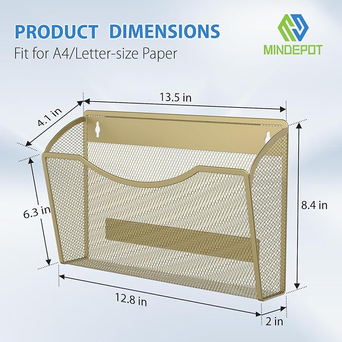MINDEPOT Magnetic Wall File Organizer, Hanging File Holder, 3 Pack, Gold | Heavy Duty Iron, Powerful Magnet, Metal Mesh Wall Mount, Single Pocket, for Office School Classroom Home, Letter A4 Size