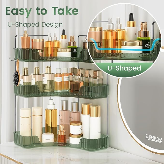 3-Tier Green Corner Organizer, PET Counter Storage with Hooks | Multi-Surface Organizer for Bathroom Vanity & Kitchen Countertop