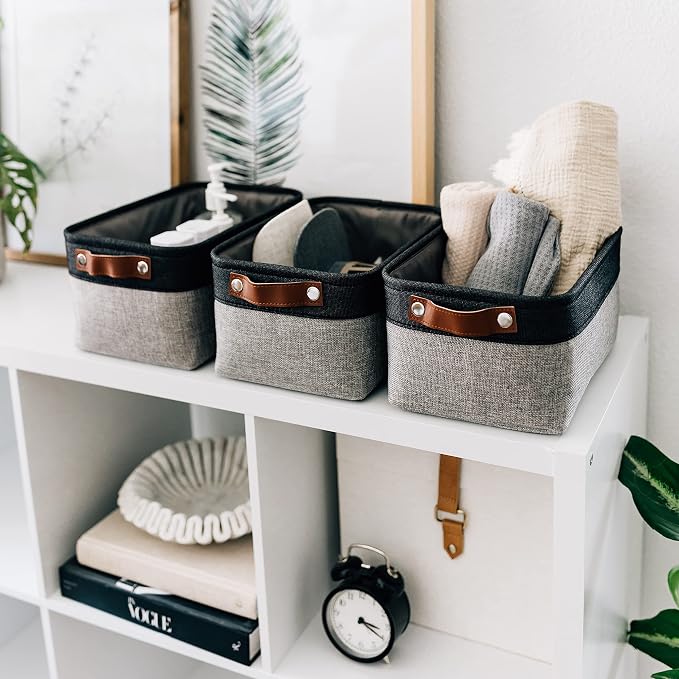 OrganiHaus 12x8in Canvas Storage Baskets, 3 Pack - Fabric Bins for Shelves | Vegan leather handles; a decorative pantry and office organizer, container for desk and books