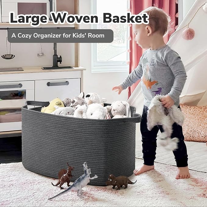 Goodpick Extra Large Woven Storage Basket, Cotton Rope, Dark Gray | 85L, 23.6 x 15.7 x 13.8 in, Living Room, Bedroom & Nursery Organization, Blankets, Clothes, Toys & Pillows Storage
