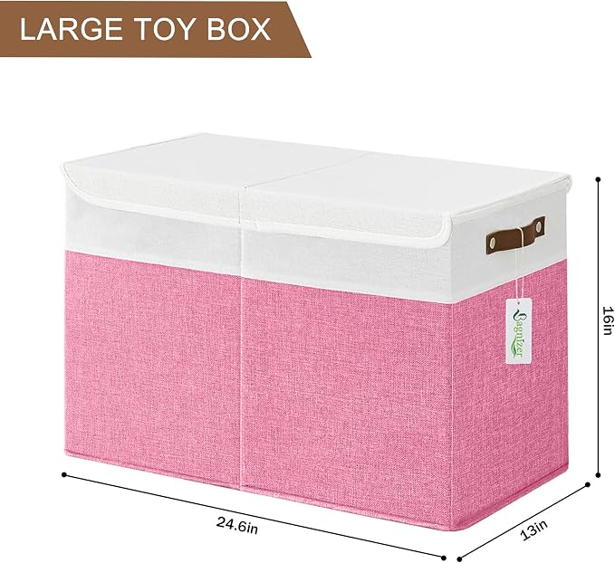Bagnizer Large Toy Storage Box with Lids, Collapsible Sturdy Baby Storage Organizer Chest Bin Basket for Kids, Boys, Girls, Playroom, Nursery, Bedroom, Closet 25"x13"x16" (Pink and White)