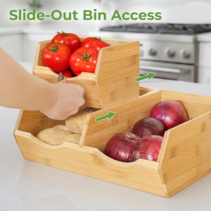 HOMESTEAD Bamboo Pantry Storage Bins – Stackable Potato & Onion Storage Bin for Kitchen Countertop, Pantry Organizer, Fruit Vegetable Basket, Multiuse - Set of 3 Slide-Out Access