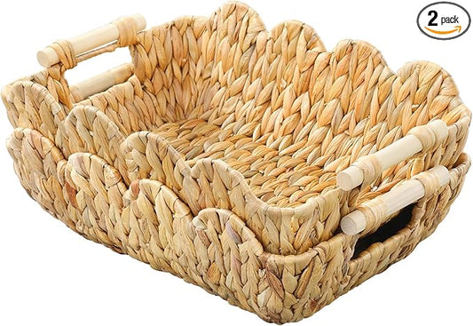 Coeusy Gift Basket, Cute Wicker Basket for Gifts, Scalloped Woven Water Hyacinth Storage Basket with Wooden Handles for Snack, Display, Shelves, 2 Pack