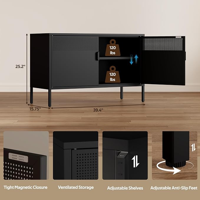 Metal Storage Cabinet with 2 Doors & Adjustable Shelves, Black | 25"H Accent Cabinet, Metal Locker Storage Cabinets, TV Stand Cabinet for Home, Office, Living Room, Entryway