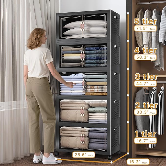 Stackable Storage Bins with Lids, 600QT Closet Organizers and Storage Cabinet with Doors & Wheels, Lockable Plastic Foldable Drawers for Bedroom Dorm Office Garage（120QT*5,Black）
