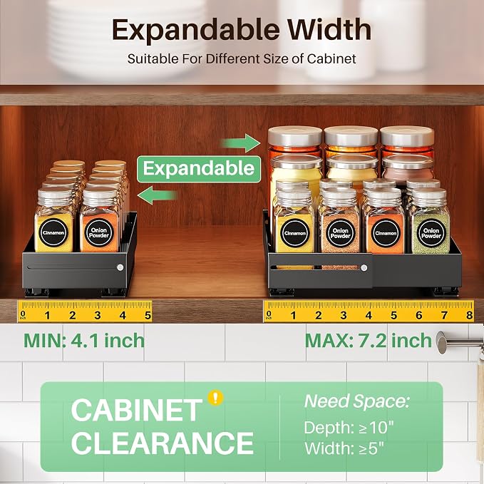 SNTD Pull Out Spice Rack Organizer for Inside Cabinets, Expandable,1-Pack | Adjustable Width 4.1" to 7.2", Smooth Ball Bearing Slides, No Drill Mounting, Fits 10" Deep Upper Cabinets