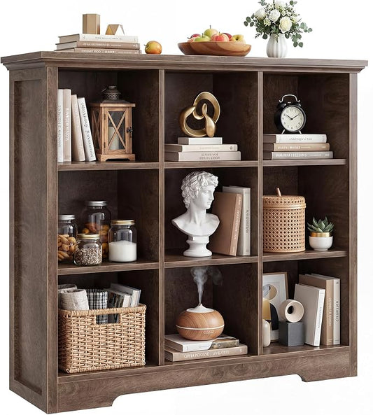 Aheaplus Wooden 9-Cube Storage Organizer with Charging Ports, Modern Cube Bookcase with Base, 4-Tier Floor Standing Open Cubbies Bookshelf, Cubicle Display Shelf for Home and Office, Cracked Oak