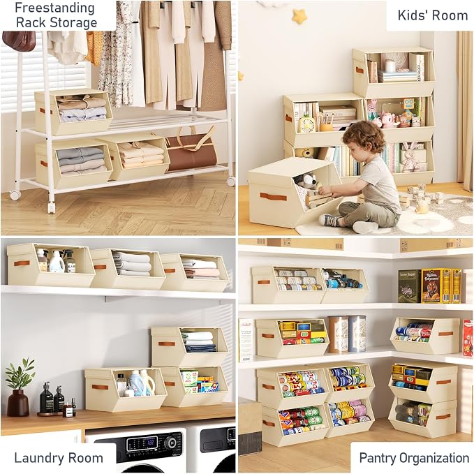 Stackable Closet Organizers and Storage Bins, Open Front Closet Shelf Organizer System With Steel Frame, Clothes Storage Basket Fabric, Collapsible Closet Drawers for Wardrobe, Nursery ,Toy, 6 Pack