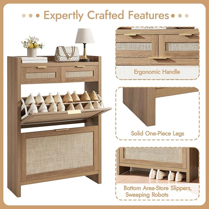HOKYHOKY Rattan Shoe Storage Cabinet with 2 Drawers & 2 Flip Drawers | Hidden Slim Shoe Organizer, Farmhouse Boho Narrow Shoe Rack, Large Tabletop Space, Entryway, Rustic Oak