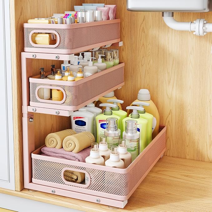 Under Sink Organizer, 3-Tier Thickened Metal Pull out Cabinet Organizer Shelf, Height Adjustable Slide out Storage Drawer Rack for Kitchen Bathroom Pantry Laundry Home Organization, 1-Pack, Pink | 35% Extra Storage Capacity, Carbon Steel, Hold Up 55lbs...