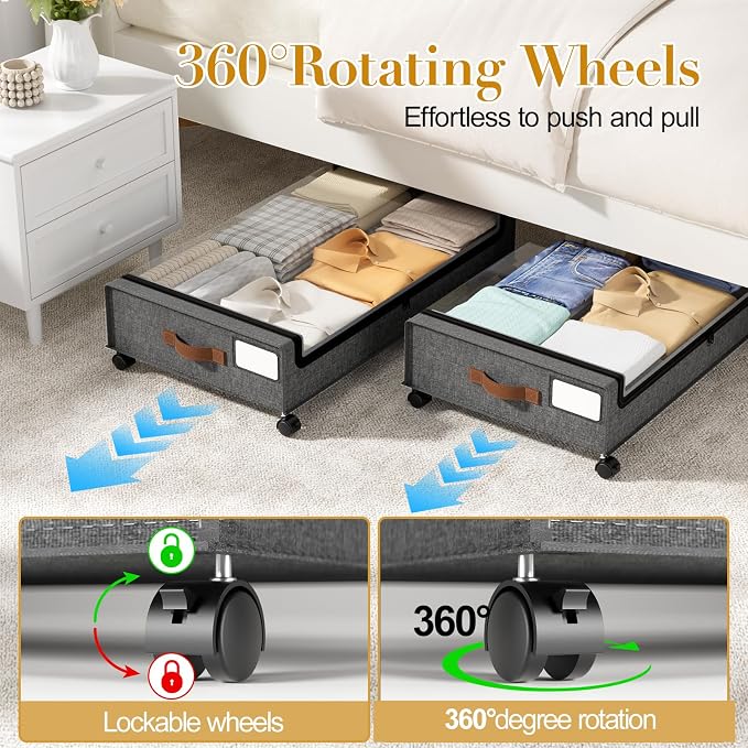 Yecaye Under Bed Storage with Wheels, 4 Pack Under the Bed Storage Containers with Lids & Label, XXL 60 L Rolling Underbed Storage Drawers for Clothes, Blankets, Shoes, Hemp Gray