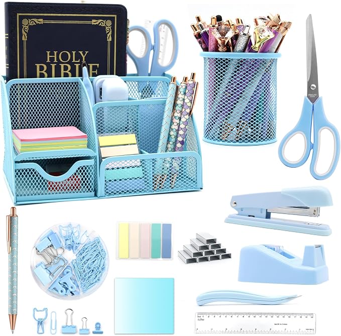 12 in 1 Blue Desk Organizers & Office Supplies Set for Office Home School | Blue Office Supplies for Coworkers Students, Include Stapler, Pen Holder, Tape Holder, Scissors, Ruler, Staple Remover