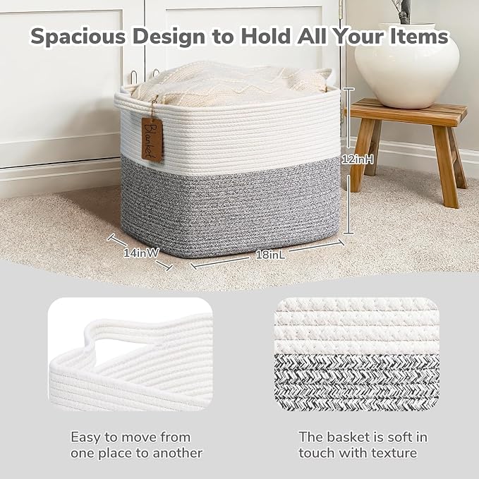 Goodpick Woven Storage Basket with Handles, Cotton Rope, Light Gray | 50L, 18 x 14 x 12 in, Rectangle, Blankets, Toys & Home Essentials Storage, Living Room, Bedroom & Nursery Organization