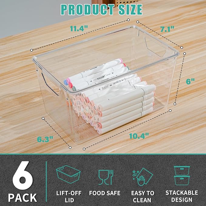 6 Pack Large Clear Storage Bins with Lids, Acrylic Arts and Craft Storage Containers, Stackable Clear Plastic Craft Storage Bins with Handles for Classroom Storage Organization,Kitchen, Fridge, Office