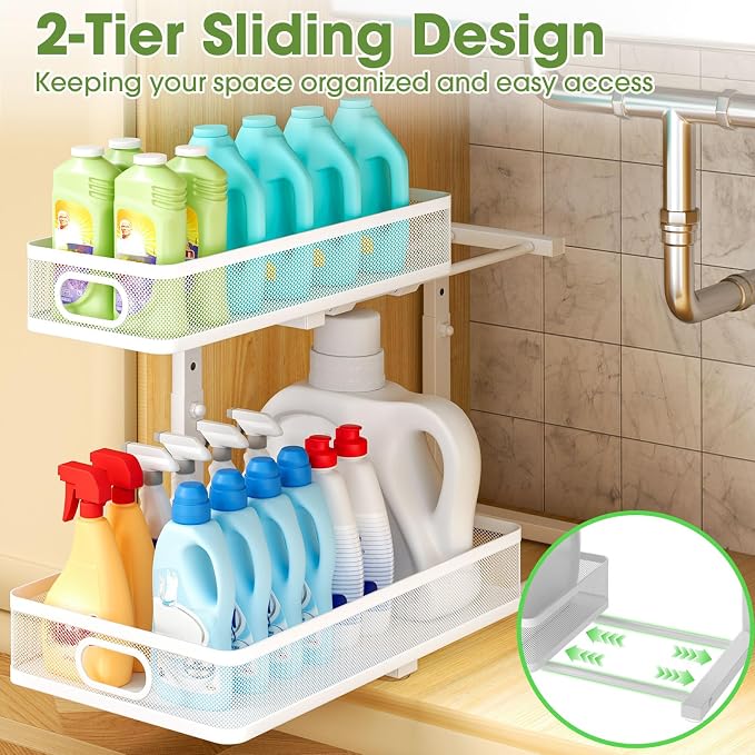 Under Sink Organizer 4-Pack, Metal 2-Tier Pull-Out Cabinet Shelf with Slide-Out Mesh Drawers, Height Adjustable, Space-Saving Storage Racks for Kitchen, Bathroom, Laundry Room, White