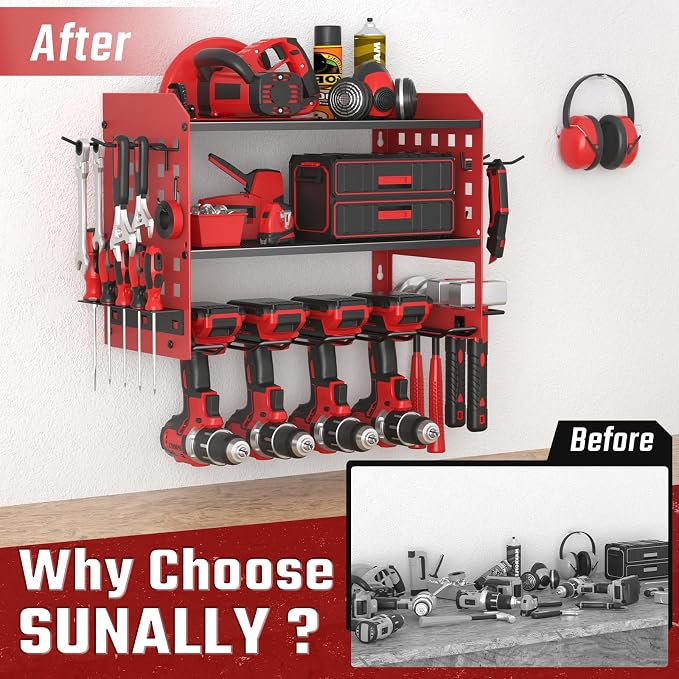 SUNALLY Power Tool Organizer, Wall Mount Garage Tools Storage Rack, Red | Metal Tool Storage Rack with 4 Drill Holders, Heavy Duty Power Tool Shelf for Garage,Warehouse,Workshop, Gift for Men,Husband