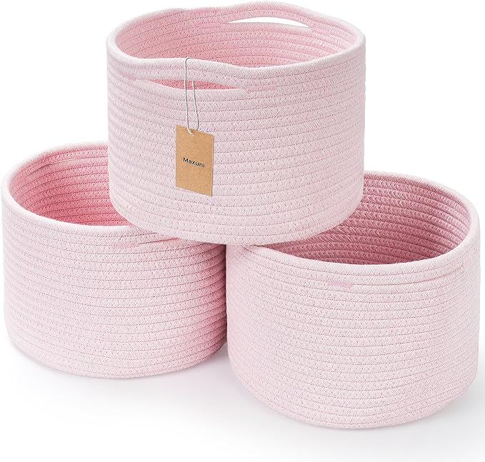 3 Pack Small Rope Storage Baskets, 9.82×9.82×7.1", Pink | Cotton Basket for Gifts Empty, Cute Round Woven Basket, Decorative Shelf Basket Organizer, Organizing Basket for Shelves