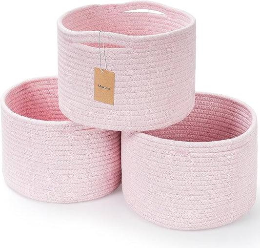 3 Pack Small Rope Storage Baskets, 9.82×9.82×7.1", Pink | Cotton Basket for Gifts Empty, Cute Round Woven Basket, Decorative Shelf Basket Organizer, Organizing Basket for Shelves