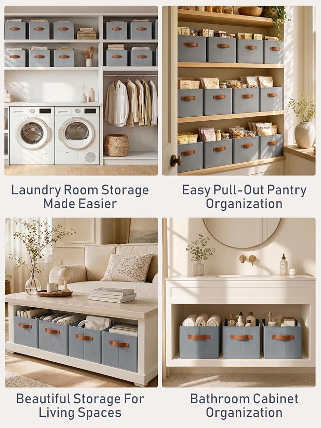 6 Pack Large Closet Storage Baskets Bins for Shelves, Collapsible Fabric Closet Organizers and Storage with Polyester Handles, Decorative Baskets for Organizing Clothes, Towels, Linen Closet 14"x10"