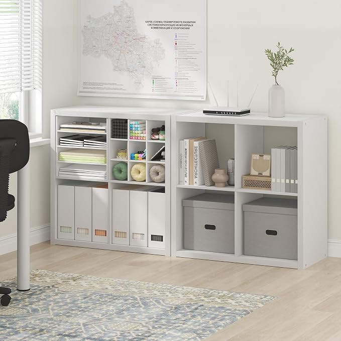 Furinno Cubicle Book Shelf Set of 2, 4-Cube Bookshelf, White | 14.6 x 30 x 30, 1.2" Thick Frame Bookcase with Reversible Open Back, for Living Room, Bedroom, Home Office