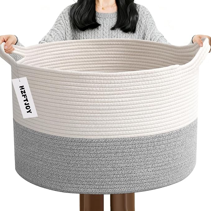 115L Extra Large Blanket Basket, Woven Laundry Basket-White&Grey | Collapsible, reinforced handles, nursery storage bin organizes clothes, toys and pillows for living room, bedroom bathroom