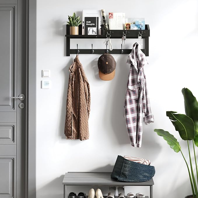 AMBIRD Wall Hooks with Shelf, 26.57 Inch Entryway Wood Coat Hooks for Wall, Coat Rack Wall Mount Rack with 5 Dual Hooks 3 Key Hooks Mail Organizer and Key Rack Key Holder (Black)