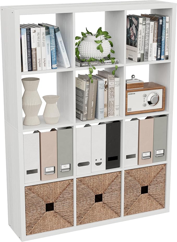 VDNEND Cube Storage Organizer Bookcase, Decorative 11 inch Open Back Cubical Shelf with Thickened Border, Display Bookshelf for Living Room, Home Office, Sturdy Room (White, 12 Cube)