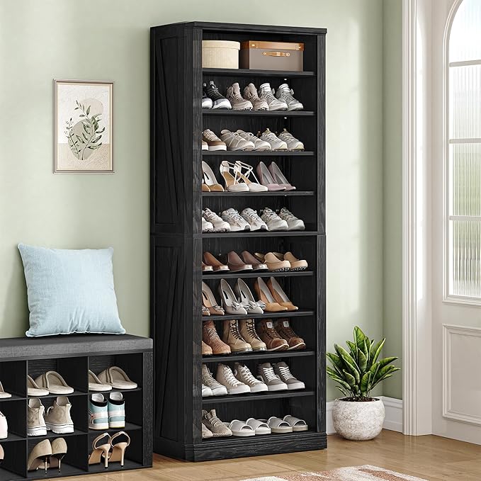 Hzuaneri Shoe Storage Cabinet,10 Tiers Farmhouse Tall Shoe Cubby Organizer | Freestanding Shoe Cabinets, Wooden Shoes Rack with Cubby, 27-30 Pairs, for Entryway, Living Room, Black SR52604X