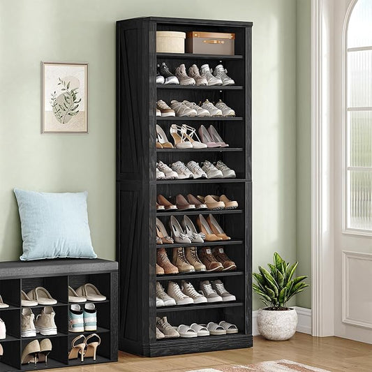 Hzuaneri Shoe Storage Cabinet,10 Tiers Farmhouse Tall Shoe Cubby Organizer | Freestanding Shoe Cabinets, Wooden Shoes Rack with Cubby, 27-30 Pairs, for Entryway, Living Room, Black SR52604X
